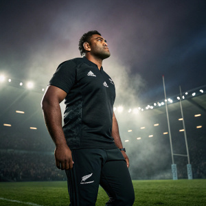 Jordan Mailata, rugby player, in the prime of his career. Dark jersey and matching pants. Intense gaze. Stadium lights cast shadows on the lush field. Filled with passionate fans cheering