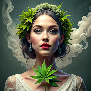 bride.  she is forming her mouth to a kiss. she holds a cannabis-blossom in her hand. her hair is dyed green. smoke coming from her mouth.