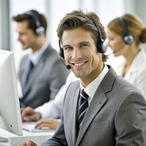 Dedicated male call center operator wearing headset working on computer in call center office.