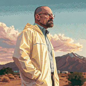 Pixel art rendering of Walter White from Breaking Bad. Bright colors, small square shapes