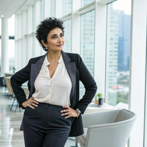 Lisa Ray, indian actress, with short, curly black hair, posing confidently. Modern office interior backdrop.