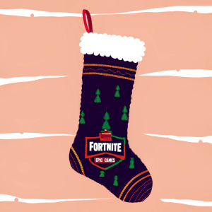 Illustration of Fortnite-themed Christmas stocking. Predominantly green with golden details, fluffy texture at top. Epic Games logo on bottom. Dark gray background.