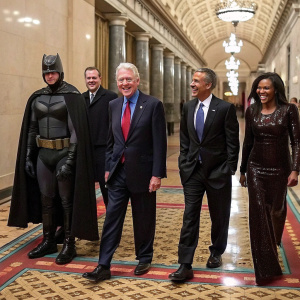 Meme featuring George H.W. Bush, Bill Clinton, Barack Obama, Michelle Obama and other political figures. They stand in a grand hall with a patterned carpet. The meme overlay depicts them as X-Men villains.