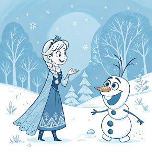 Illustration of Pixar and Disney's Frozen DVD cover. Snowy landscape with Elsa, Anna, and Olaf. Cool blue and white tones, character interactions and expressions.