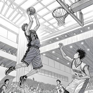 Black and white comic panel from Slam Dunk manga series. Intense basketball game scene. Players in mid-air, dynamic postures, expressions showing game intensity. Multiple panels, distinct actions and angles. Traditional manga art style.