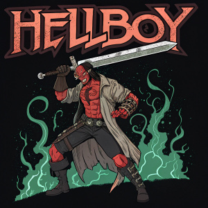 Illustration of Hellboy, a muscular demon hero, with a fierce look, wielding a massive sword. Set against an ominous black background with eerie green flames. The text 'HELLBOY' in bold font at the top.