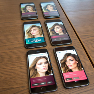 Six smartphones displaying L'Oreal's new app, featuring login page, product catalog, and model's face display. Arranged in grid formation on sleek wooden table.