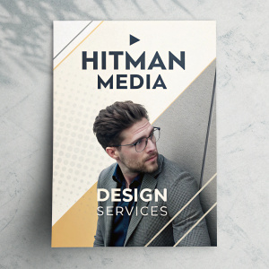 Promotional flyer for Hitman Media. Highlighting design services. Modern layout featuring grayscale color palette. Background with subtle texture. Emphasizing business growth and design impact.
