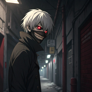 Character from Tokyo Ghoul, standing in dimly lit alleyway, menacing expression, sharp-toothed grin, red eyes glowing, white hair contrasting against gray and red background.