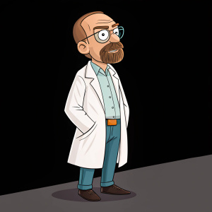 Cartoon depiction of Walter White. White shirt, lab coat, glasses, scruffy beard. Against a simple black backdrop.