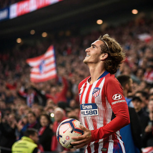 Antoine Griezmann at a crowded stadium. Wearing Atletico Madrid jersey with sponsor logos. Holding the ball, cheering crowd in background