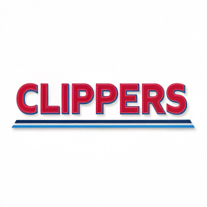 The LA Clippers logo redesign features a sleek, minimalist approach. The wordmark is in a bold, modern sans-serif font with the team's name 'CLIPPERS' in vibrant red. A thin blue line runs horizontally below the text. The logo is set against a crisp white background, creating a sharp contrast and highlighting the team's identity.
