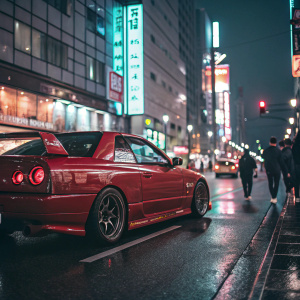 A sleek red Nissan Skyline GTR R34 parked on a busy city street, illuminated by neon signs.