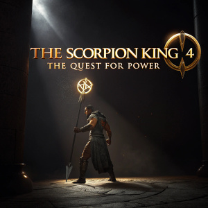 Promotional image for 'The Scorpion King 4: The Quest for Power'. Dark background, golden ornate font for title