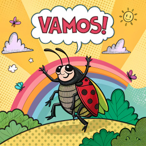 A colorful, pop-art style cartoon insect in various whimsical poses. The insect is depicted in a vibrant, cartoonish setting with the Spanish phrase '¡Vamos!'