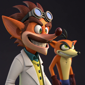 Close-up illustration of Crash Bandicoot and Cortex. Dark background. Realistic accessories, stylized characters. 3D rendered