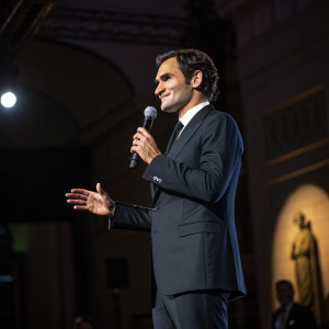 Roger Federer, in a formal suit, gives a speech at a charity gala. Dark stage with spotlight on him.