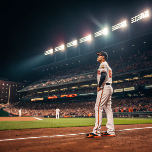 Manny Machado, standing on a baseball diamond during a game night. Flashing lights and cheering fans in the background