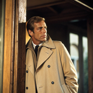 James Franciscus as Michael Longstreet, dressed in a tan overcoat. Solemn demeanor. Warm, soft lighting. Background out of focus. Wooden element framing his face