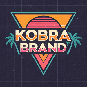 Kobra Brand retro logo poster. Vibrant color palette. Dark, textured grid background with mid-century modern design elements.