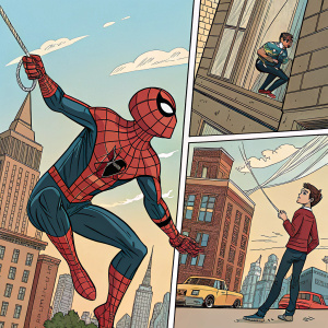 Comic book page featuring Spider-Man in various dynamic poses and interactions. Colorful backgrounds and detailed expressions.