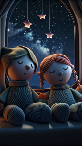 dolls from the puppet theater are sleeping, the stars and the night sky are visible outside the window