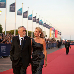 Dennis Hopper and Katherine LaNasa, dressed in formal attire, walking the red carpet at an outdoor film festival.