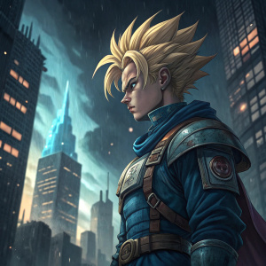 Trunks from Dragon Ball, blonde hair styled in iconic spikes, intense gaze, blue armor. Dark, futuristic cityscape in the background.