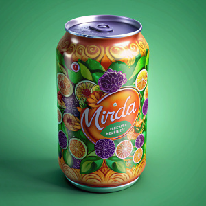 design of a standard can of Mirinda grape drink with Uzbek patterns in flat style with the inscription in English Mirinda, use branded colors and font of the real Mirinda