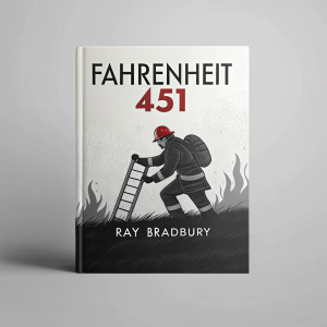 Book cover design for 'Fahrenheit 451' by Ray Bradbury. Minimalist approach with bold typography. Dark and light shades of grey create a stark contrast, highlighting the title and author name.