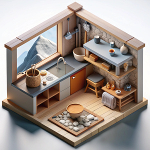 Isometric view, 3D Render of a mountain lodge kitchen with stone countertops and a pot rack, on isolated white background
