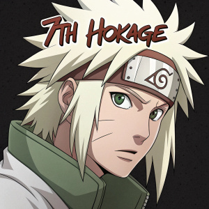 Digital art showcasing the 7th Hokage from Naruto. Character's face is focused with a resolute expression. White, brown, and green tones dominate. Bold text '7th HOKAGE' prominently displayed. Background is plain black.