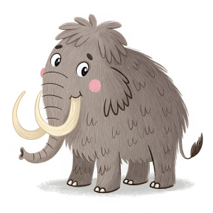 A whimsical cartoon illustration of a woolly mammoth. Simple and cute design. The mammoth has a fluffy body with a thick layer of gray fur. It has a long trunk with big tusks and a tiny stubby tail.