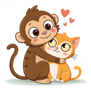 Digital illustration of a cartoon monkey and cat. Monkey hugging cat affectionately. Simple white background