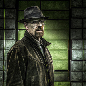 Illustration of Walter White from Breaking Bad. Gray hair, serious look, brown jacket and hat. Digital art with Breaking Bad backdrop.