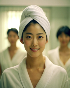 1girl, 25-year-old Korean actress Clara Lee Sung-min, with her head wrapped in a towel, wearing an open white bathrobe, bathroom: 1.2, collarbone, looking at the audience, ((turbulent)), ((perfect body proportions)), (panoramic view: 1.3), Beautiful and mature, grinning, deep shadow, Mario Testino style, half body to chest: 1.1<lora:DetailedEyes_xl_V2:1>, <lora:neg4all_bdsqlsz_xl_V7:1>, (super delicate oval face)), ((beautiful eyes with long eyelashes, ((real quality)),((Leica RAW photo)),64k,((