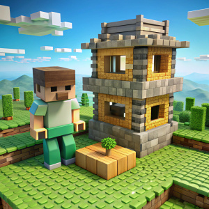 steve de minecraft, construyendo su casa de madera y piedra en una planicies verdes
