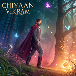 Poster for Chiyaan Vikram's new film. Vibrant colors and mystical aura. Hero standing in a mystical forest, surrounded by magical creatures.
