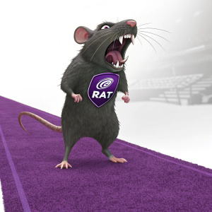 A fierce rat with brand logo on its body, standing on a purple carpet, looking angry