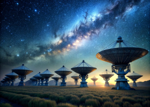 Large ground based satellite tower array in a field, sky full of stars, satellites streaking across sky full of stars, night photography, photorealistic