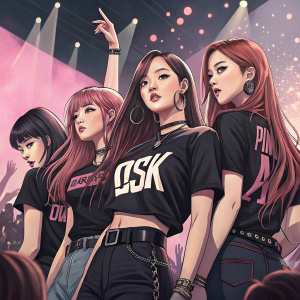 Blackpink members in dynamic illustration. Long dark hair, Both O t-shirt, blunt bob haircut, and long reddish-brown hair. Posed together for concert poster.