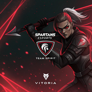 Digital art of a DOTA 2 character, VITÓRIA. Dark, futuristic style, aggressive facial expression, dynamic pose, Spartans eSports logo prominently displayed, red accents against dark tones, representing Team Spirit.