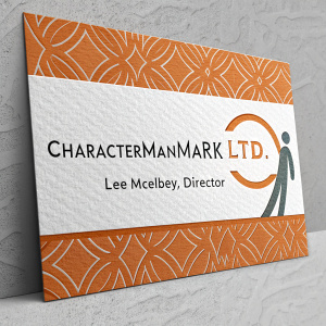 Business card of Charactermanmark Ltd. Orange textured design. White card background. Contact details: Lee McElbey, Director, mobile number, and email address.