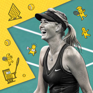 Maria Sharapova, with a winning smile, dressed in her signature black tennis gear. Set against a vibrant tennis court. Pixel art design overlay features playful yellow icons, game characters, and a retro vibe