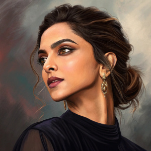 Deepika Padukone, digitally painted portrait. Emphasis on face and upper body. Rich color and texture. Dark top, sophisticated makeup. Fantasy elements blended into realistic style. Muted background tones.