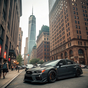 A sleek, dark grey Subaru WRX parked in the bustling downtown area. The car's aggressive stance and powerful exhaust pipes stand out against the backdrop of towering skyscrapers and vintage brick buildings. A few pedestrians and other vehicles add to the lively urban scene.