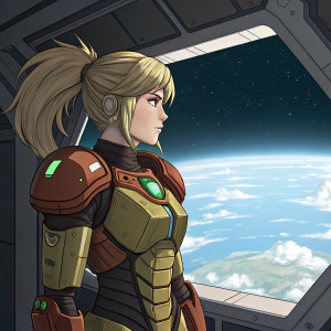 Samus Aran, determined face, blonde ponytail, standing on space station with futuristic armor. Armor is brown and green with sleek design. Earth's surface seen through window, blue and white. Detailed illustration, focusing on character in space setting.