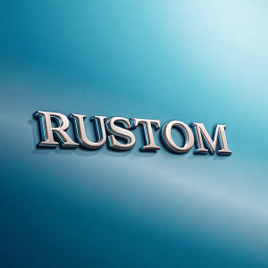 The word 'Rustom' in sleek, metallic font on a gradient blue background.