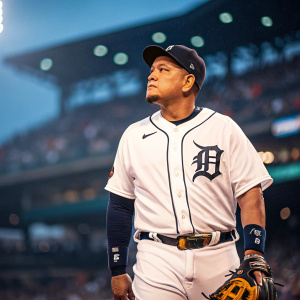 Miguel Cabrera, serious expression, in white Detroit Tigers uniform with 'D' logo. Gloves in hand. Stadium crowd blurred in background. Bright and mixed lighting. Photo style.