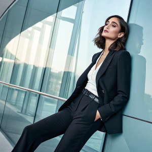 Ileana D'Ambra, dressed in a sharp business suit, is the centerpiece of a sleek, modern advertising campaign. Shot against a gradient glass backdrop, her elegant pose stands out